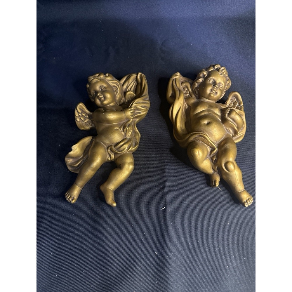 Vintage MCM Set 2 HOMCO #1120 Bronze Color CHERUB ANGELS Wall Hangers